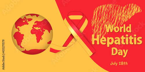World Hepatitis Day illustration,July 28th.Planet earth, ribbon, liver silhouette and text isolated elements on red and yellow background.Design in flat cartoon style.Vector template for banner.
