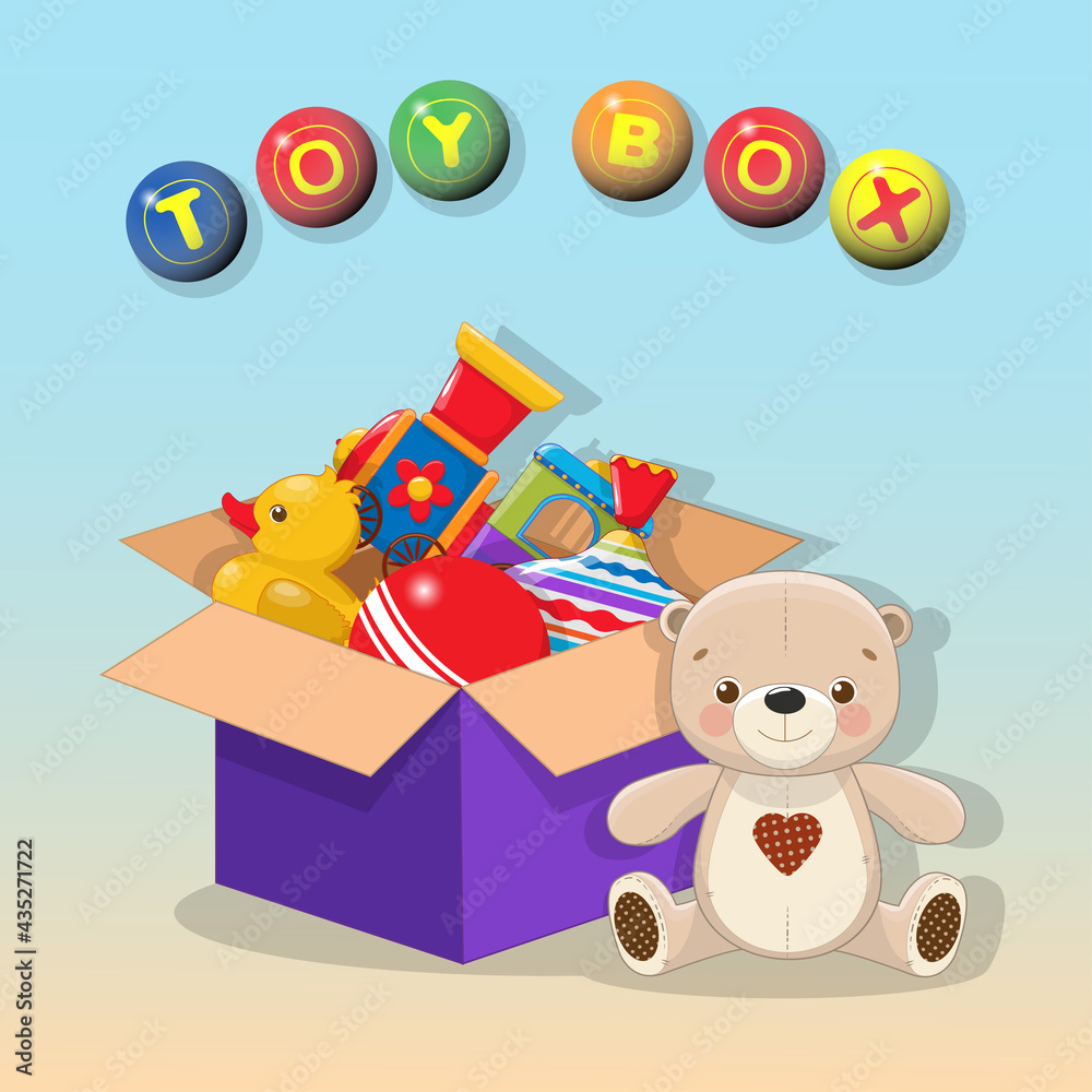 Obraz premium Decorative children's toys set in an open paper box on a sky blue background