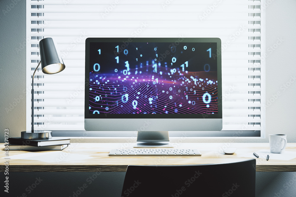 Creative concept of binary code illustration on modern laptop screen. Big data and coding concept. 3D Rendering Creative concept of binary code illustration on modern laptop screen. Big data and coding concept. 3D Rendering