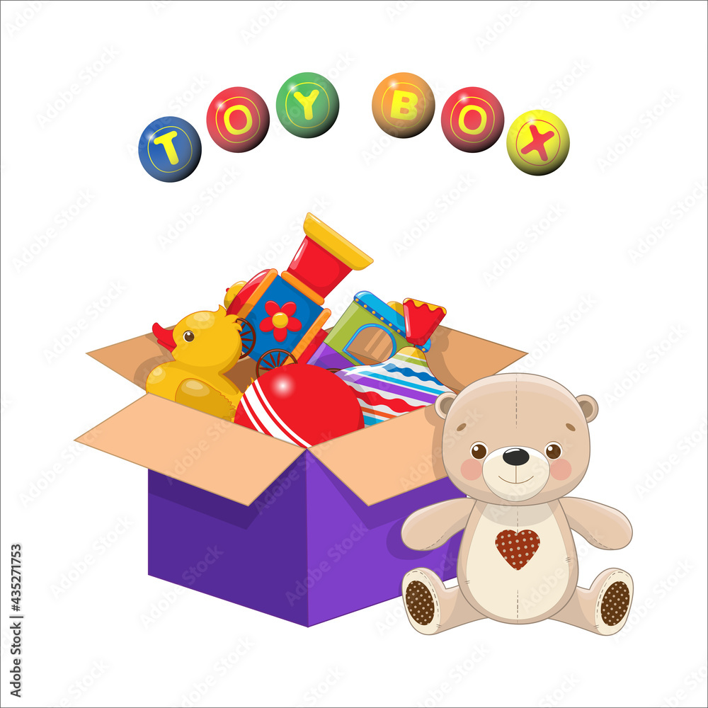 Obraz premium Children's toys set in an open paper box on a white background with lettering