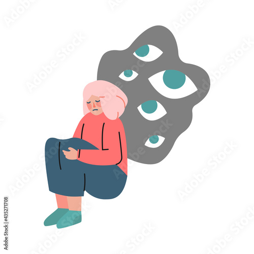 Depressed Frustrated Girl Sitting under Rainy Storm Cloud with Eyes, Mental Disorder, Illness Concept Cartoon Vector Illustration