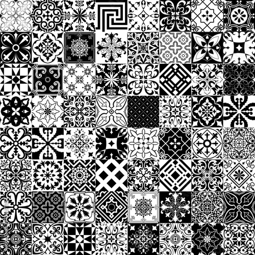 Big set of tiles background in black and white. Mosaic pattern for ceramic in dutch, portuguese, spanish, italian style.
