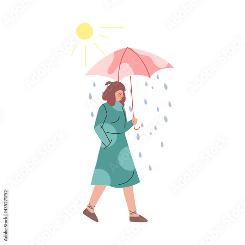 Depressed Girl Walking with Umbrella under Rain, Stressed Sad Young Woman Cartoon Vector Illustration © topvectors