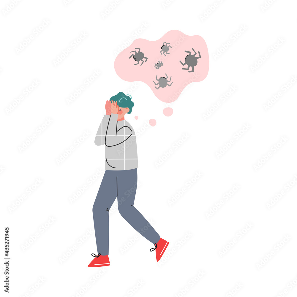 Boy Suffering from Arachnophobia, Frustrated Male Person with Bad Sadness Thoughts, Mental Disorder, Illness Concept Cartoon Vector Illustration Boy Suffering from Arachnophobia, Frustrated Male Person with Bad Sadness Thoughts, Mental Disorder, Illness Concept Cartoon Vector Illustration