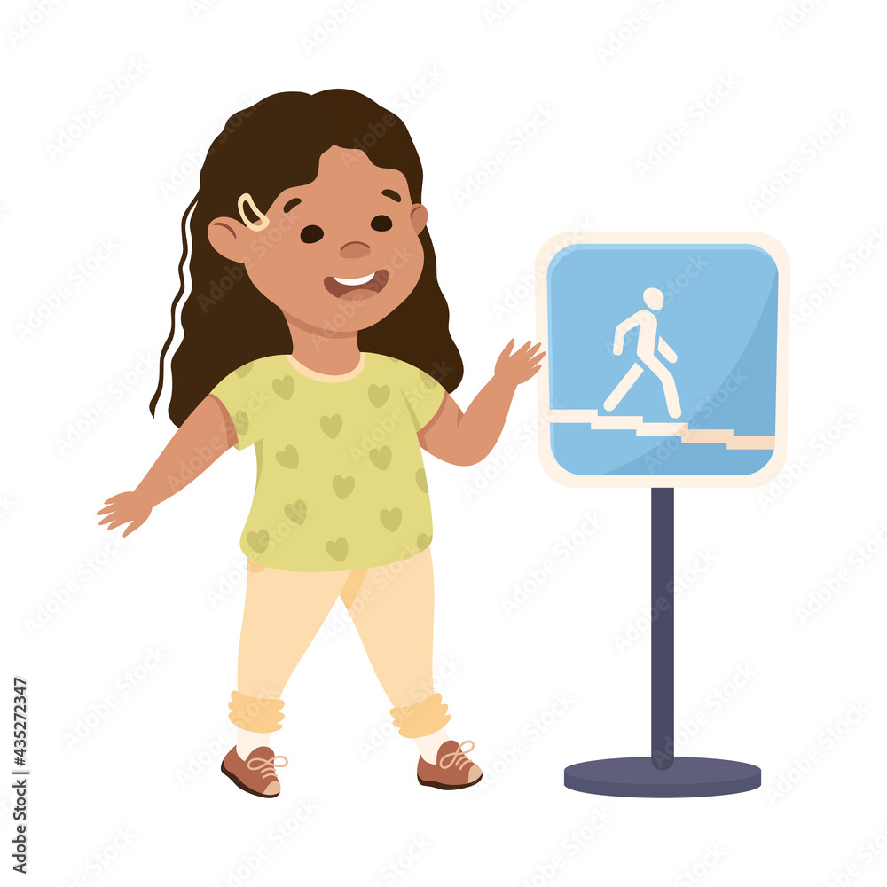 Little Girl Pedestrian Learning Road Sign and Traffic Rule Vector Illustration Little Girl Pedestrian Learning Road Sign and Traffic Rule Vector Illustration