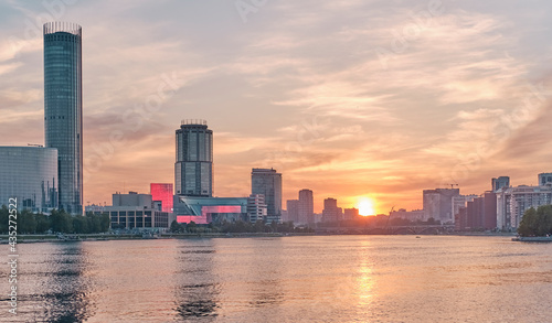 Beautiful sunset on the Iset river in Yekaterinburg  Russia