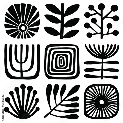 African vector symbols. Black and white floral 
mosaic. Naive ethnic drawings.