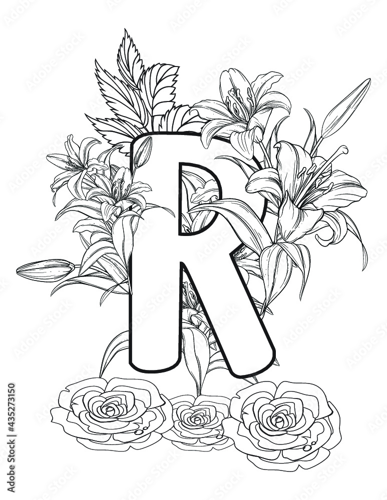 Naklejka Letter R Floral Coloring Page.Alphabet Coloring Book.