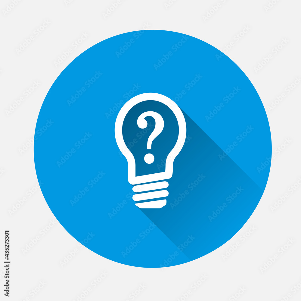Vector icon solution to the problem, light bulb with question mark icon on blue background. Flat image with long shadow. Vector icon solution to the problem, light bulb with question mark icon on blue background. Flat image with long shadow.