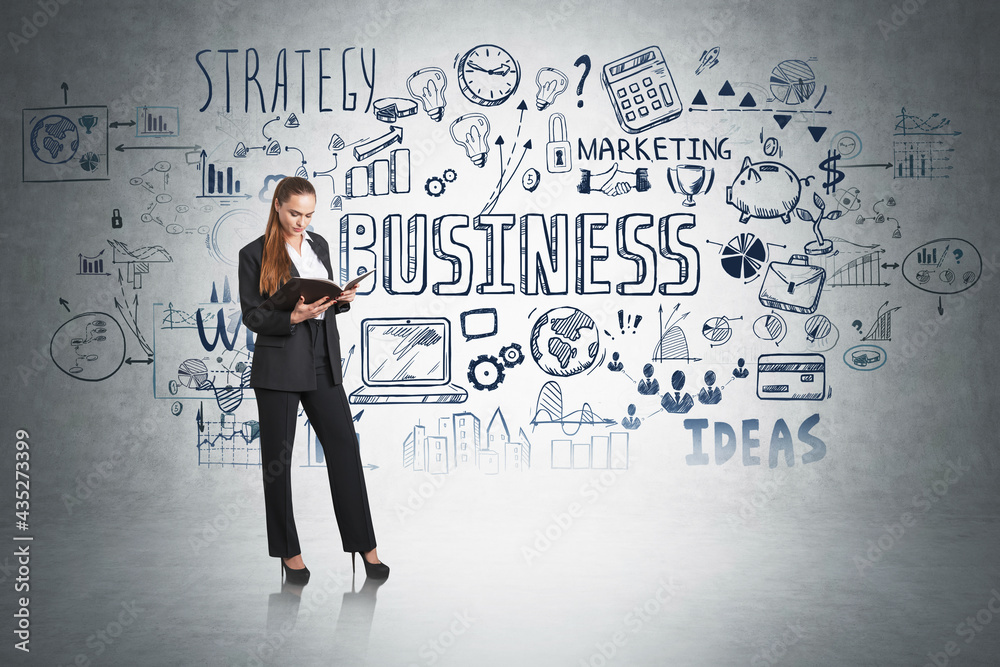 Businesswoman with notebook in hands, business strategy sketch on concrete wall Businesswoman with notebook in hands, business strategy sketch on concrete wall