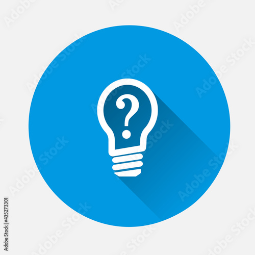 Vector icon solution to the problem, light bulb with question mark icon on blue background. Flat image with long shadow.