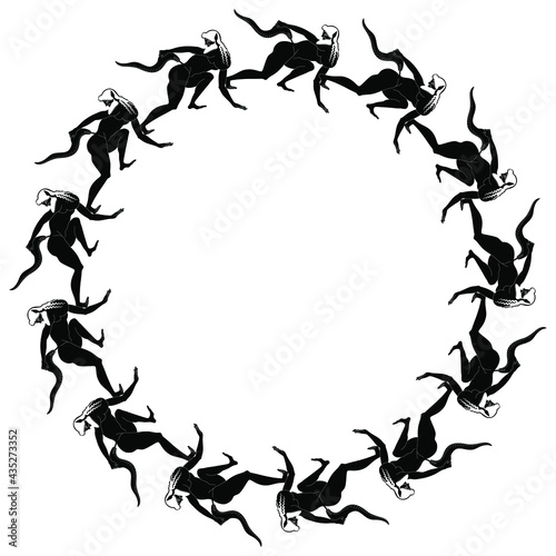 Round ethnic frame with ancient Greek satyrs. Black and white silhouette.