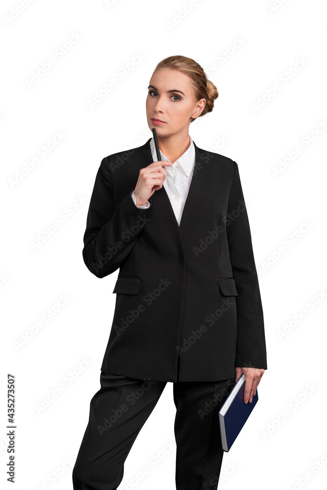 Thougtful attractive business woman in formal suit is holding a planner, notebook or her notes and pen near her face. Businesswoman Isolated over white background Thougtful attractive business woman in formal suit is holding a planner, notebook or her notes and pen near her face. Businesswoman Isolated over white background