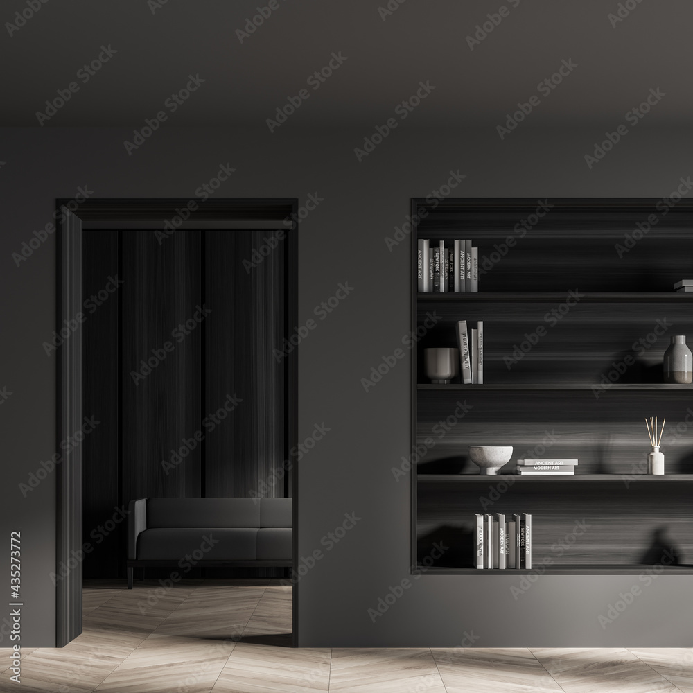 Fototapeta premium Dark living room interior with bookshelf and sofa behind door