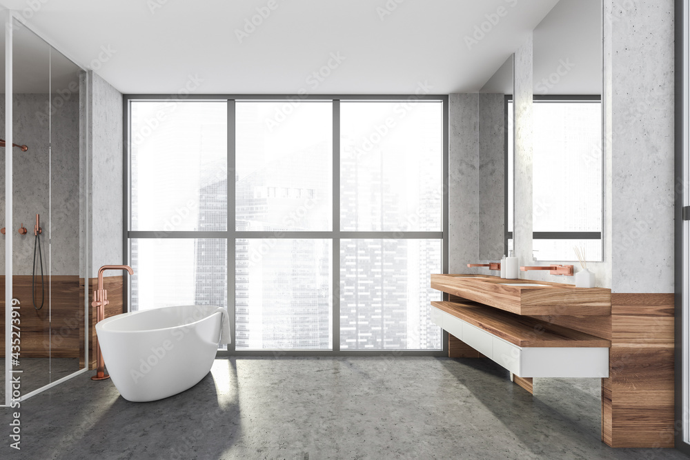 Modern design bathroom interior with shower cabin, white oval bathtub ...