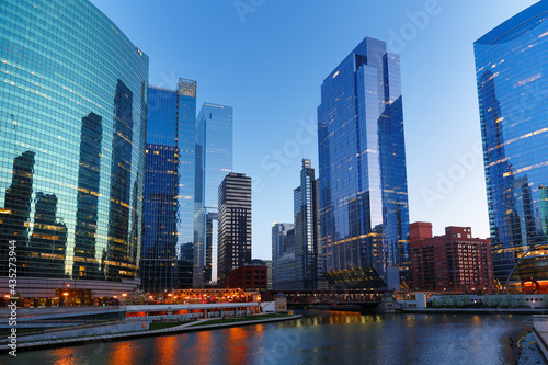 Chicago skyline after sunset showing Chicago downtown. Chicago  on Lake Michigan in Illinois  is among the largest cities in the U.S. 
