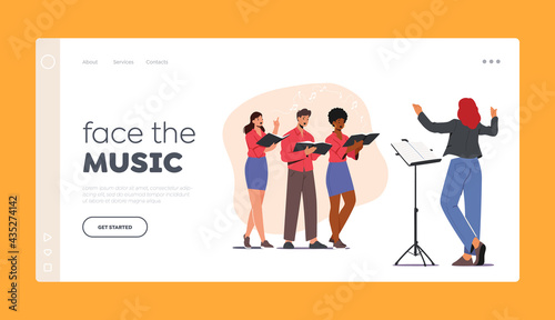 Singers Choir Landing Page Template. Characters Singing in Chorus with Musical Accompaniment. People Perform on Scene