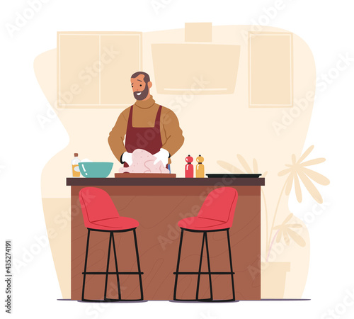 Handsome Man Cooking on Kitchen at Home. Happy Male Character Stuff Turkey or Chicken, Preparing Delicious Healthy Food
