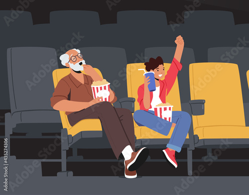 Family Weekend Entertaining, Grandfather and Grandson Characters Watching Movie at Cinema with Pop Corn and Cola