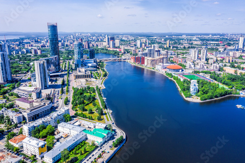 Panorama of Yekaterinburg city center and river Iset. View from above. Russia photo