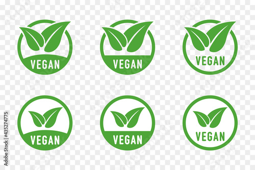 Vegan vector sign set. Round green illustrations with leaves for stickers, logos and labels. Icons vegetarian food. Vegan, no meat, lactose free, healthy, nonviolent food. Organic, bio, eco symbols.