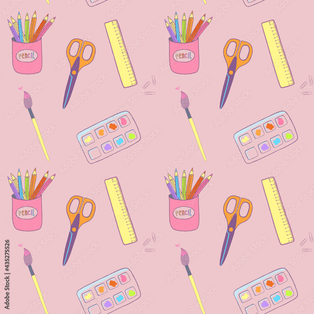 Colorful cartoon stationery, seamless pattern Colorful cartoon stationery, seamless pattern