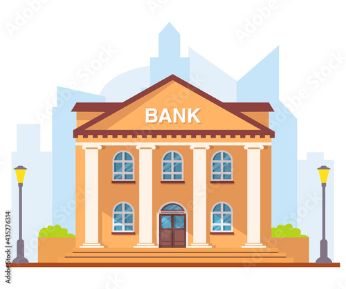 Facade bank building with columns.Bank in the city.Classical public building.Isolated on white background.Vector flat illustration.Government building with pillars.