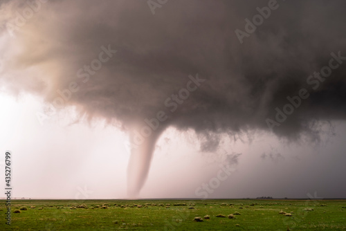 A tornado spawns from a thunderstorm in a rural setting during the day. There funnel is very visible with a green meadow full of grass in the foreground.