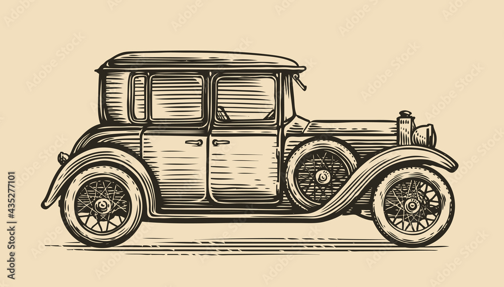 Retro car vector illustration. Vintage vehicle in sketch style Stock