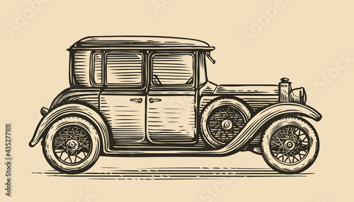 Retro car vector illustration. Vintage vehicle in sketch style