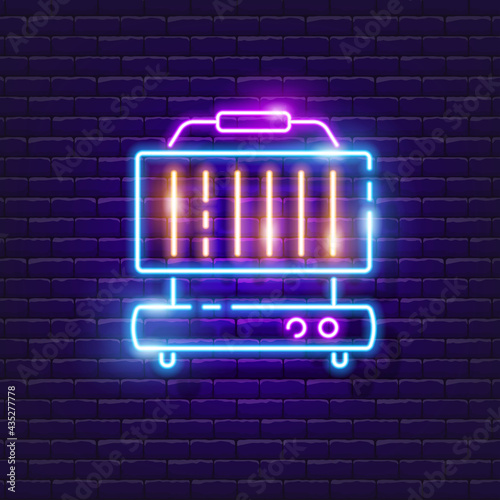 Home grill neon sign. Vector illustration for design. Kitchen appliances glowing icon. Food preparation, barbecue, grill, steak, party.