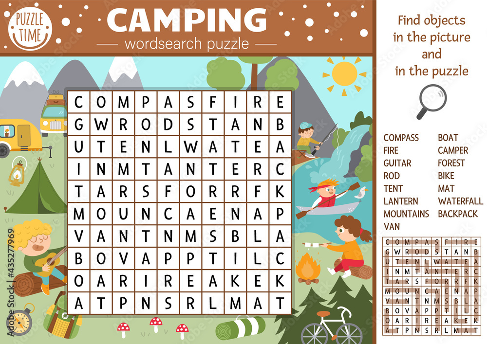 Vector camping wordsearch puzzle for kids. Simple summer camp crossword  with forest scene for children. Educational keyword activity with kids  fishing, hiking, playing guitar. . Stock ベクター | Adobe Stock