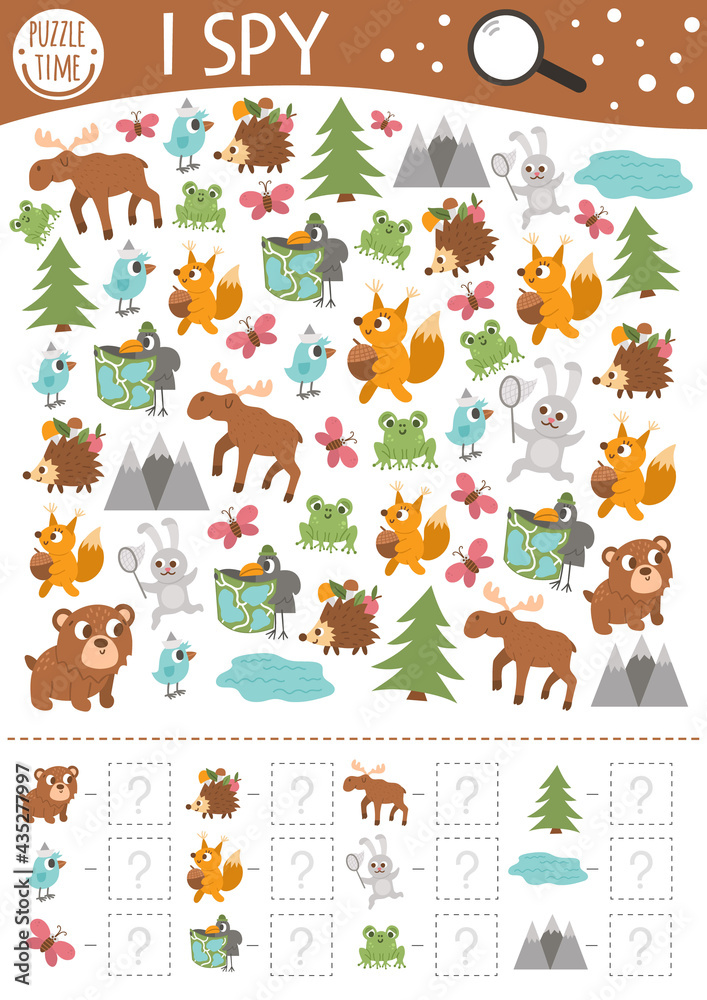 Fototapeta premium Forest I spy game for kids. Searching and counting activity for preschool children with woodland animals and nature elements. Funny printable worksheet for kids with birds and insects. Simple puzzle..