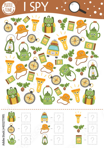 Camping I spy game for kids. Searching and counting activity for preschool children with summer camp equipment. Funny printable worksheet for kids with smiling kawaii objects. Simple spotting puzzle..