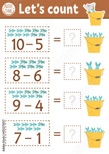 How many fish game with cute fishes in the bucket with water. Summer math subtraction activity for preschool children. Printable simple counting worksheet for kids with seagull.