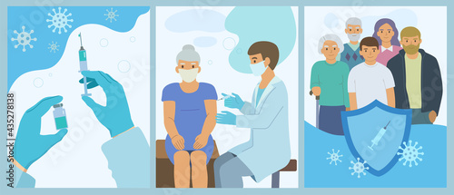 Syringe with vaccine in hand. An elderly woman is vaccinated by a doctor. Family from different generations protected from the virus. Vaccination against covid 19 concept.