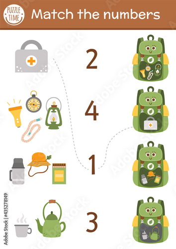 Match the numbers game with kawaii backpack and camping equipment. Summer camp math activity for preschool children with lantern, compass, rope. Printable counting worksheet for kids.