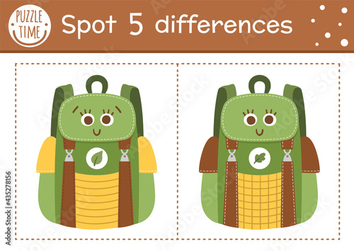 Find differences game for children. Summer camp educational activity with funny smiling kawaii backpack. Printable worksheet with cute camping equipment. Forest preschool sheet.