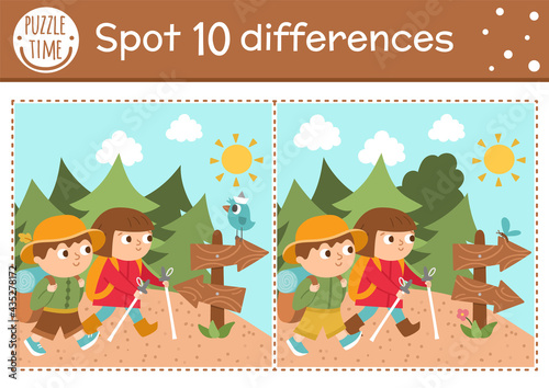 Find differences game for children. Summer camp educational activity with hiking kids, road sign, forest, bird. Printable worksheet with cute camping or forest scenery. Woodland preschool sheet.