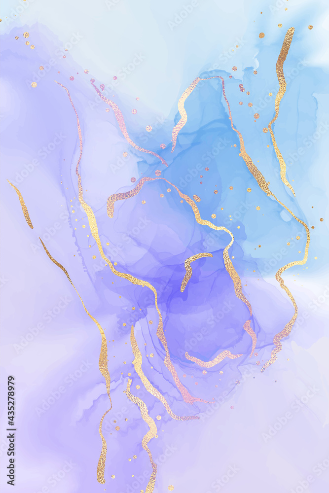 Mauve and teal blue liquid watercolor background with golden glitter splash. Pastel violet and cyan marble alcohol ink drawing effect. Vector illustration of abstract stylish fluid art backdrop