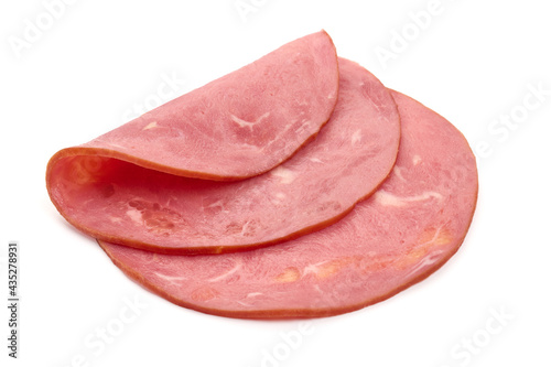 Bologna ham slices, isolated on white background. High resolution image.