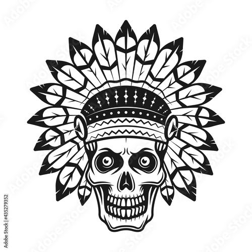Skull in indian headdress vector illustration in monochrome vintage style isolated on white background