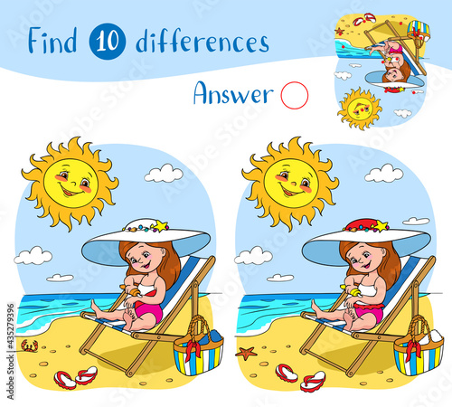 Find 10 differences. Educational game for children. A girl in a swimsuit sits on a lounger and smears herself with sunscreen, the sun above the sea smiles and looks at her.