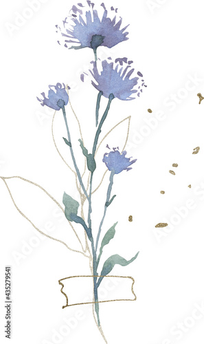 Fototapeta Naklejka Na Ścianę i Meble -  Watercolor blush blue gold flower bouquet clipart, Wildflower wedding arrangement, Printable floral clip art, Sublimation design