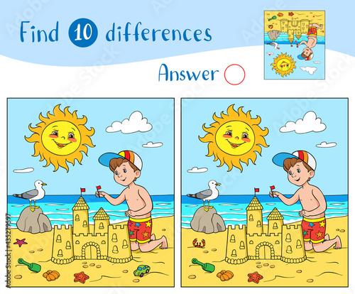 Find 10 differences. Educational game for children. The boy is building a sandcastle on the beach near the sea. The sun smiles in the sky and the seagull on the stone