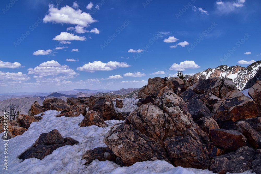 Mount Olympus Peak hiking trail views spring via Bonneville Shoreline, Wasatch Front Rocky Mountains, by Salt Lake City, Utah. United States. USA