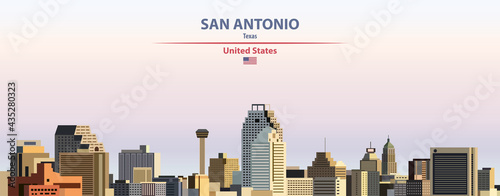 San Antonio cityscape on sunset sky background vector illustration with country and city name and with flag of United States
