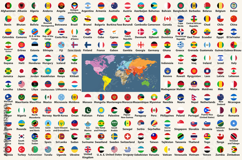 All flags of the world  in circular form design, arranged in alphabetical order, with original colors and high detailed emblems. Map of the world. Vector isolated illustrations with editable layers