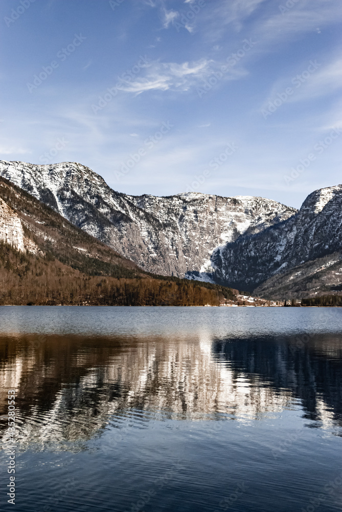 Lake in Hallstatt surrounded by alps