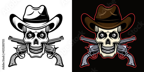 Skull in cowboy hat and crossed pistols vector illustration in two styles black on white and colorful on dark background